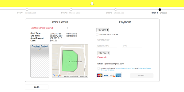 payment information for snapchat geofilter